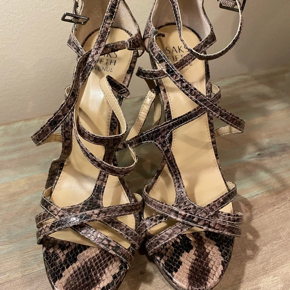 Saks Fifth Avenue Brown Snake-Print Strappy High Heels